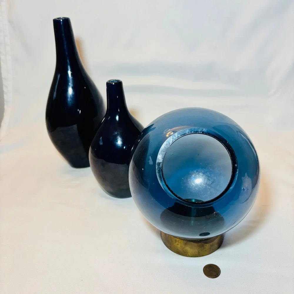 Cobalt Blue Sculptural Vase Set of 3 Orb Brass Base Modern Decor